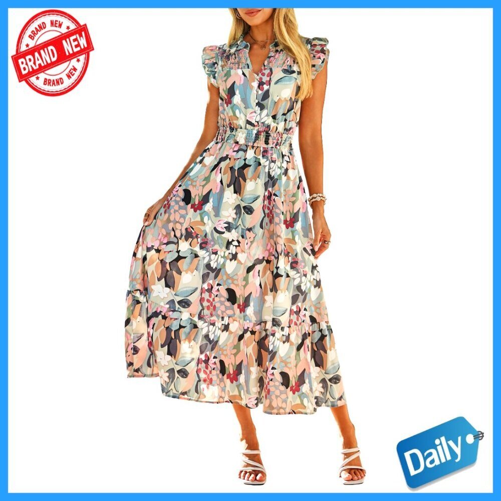 Women's Floral Maxi Dress V-Neck Ruffle Sleeve A-Line Boho Beach Formal